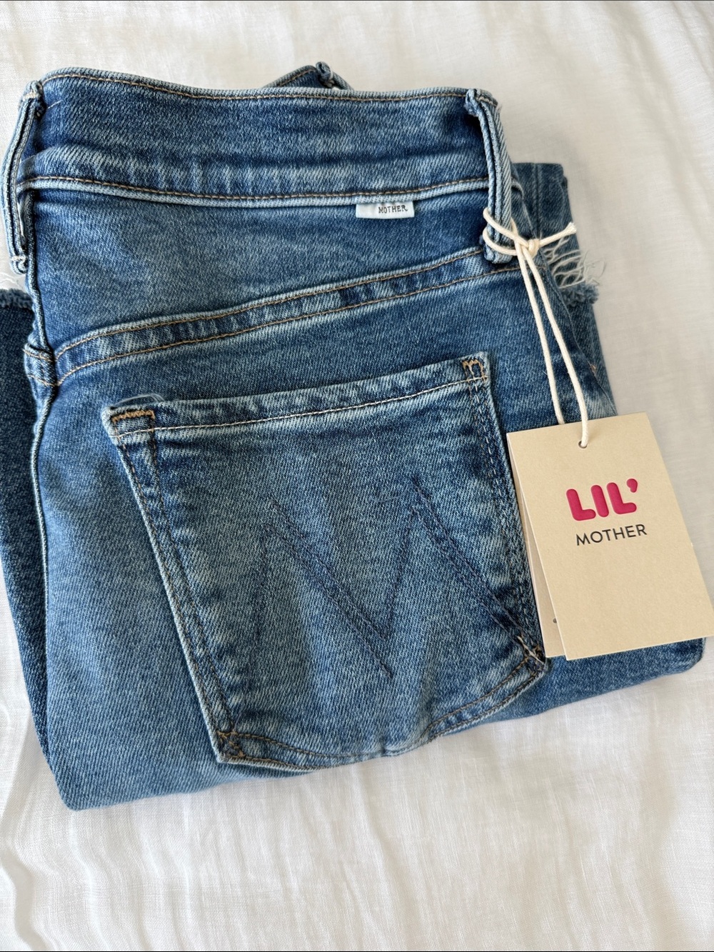 MOTHER Lil' Kick It Jeans — Light Blue Denim with Pink Logo